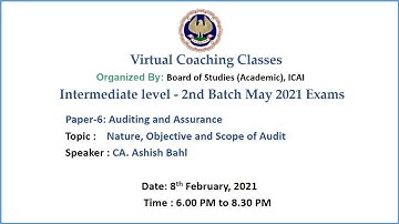Intermediate Paper-6: AA  Topic: Nature, Objective & Scope of Audit Evening Session Date: 8-2-2021