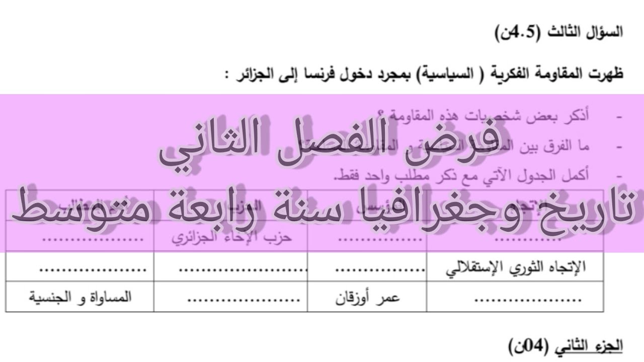 فروض الفصل الثاني تاريخ وجغرافيا سنة رابعة متوسط