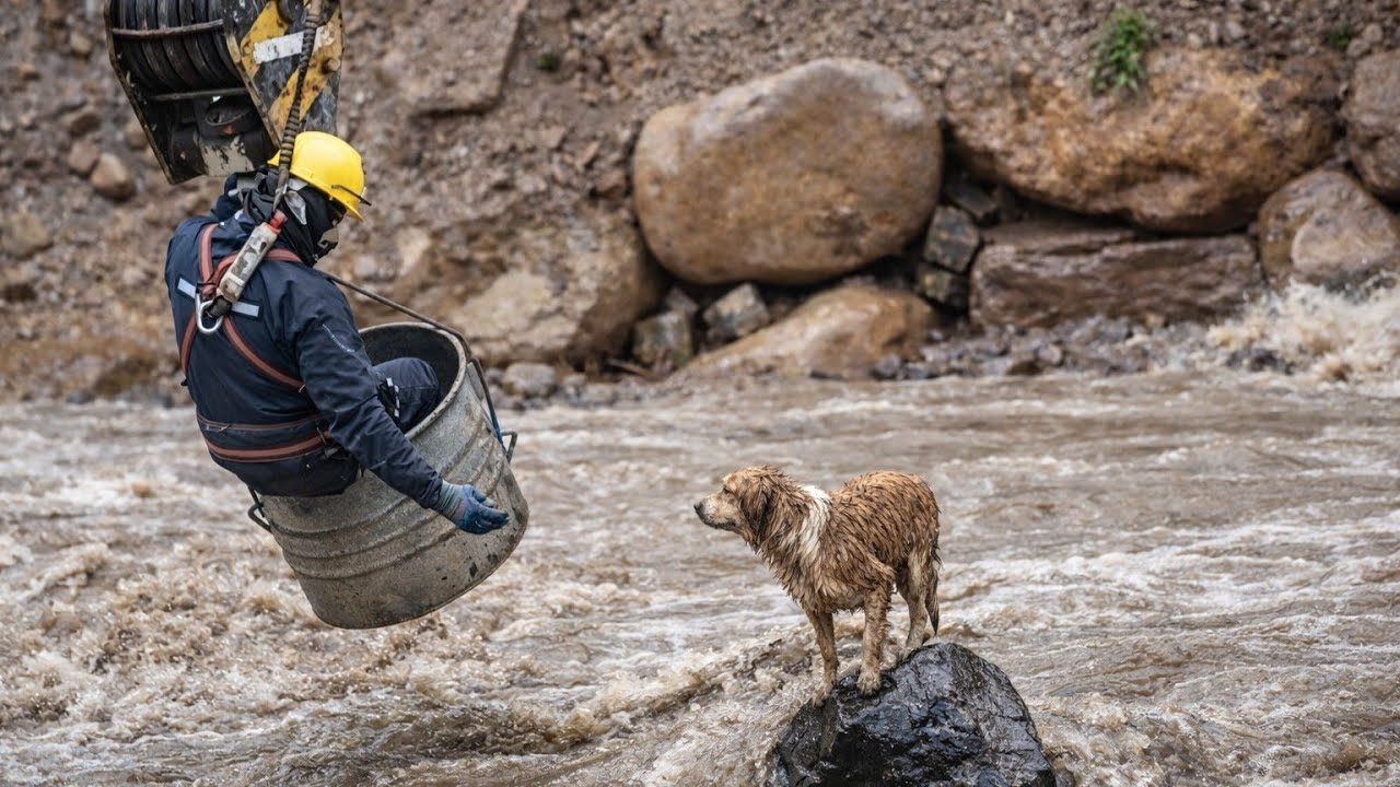 Worker Risks His Life to Save Trapped Dog in Raging River - YouTube