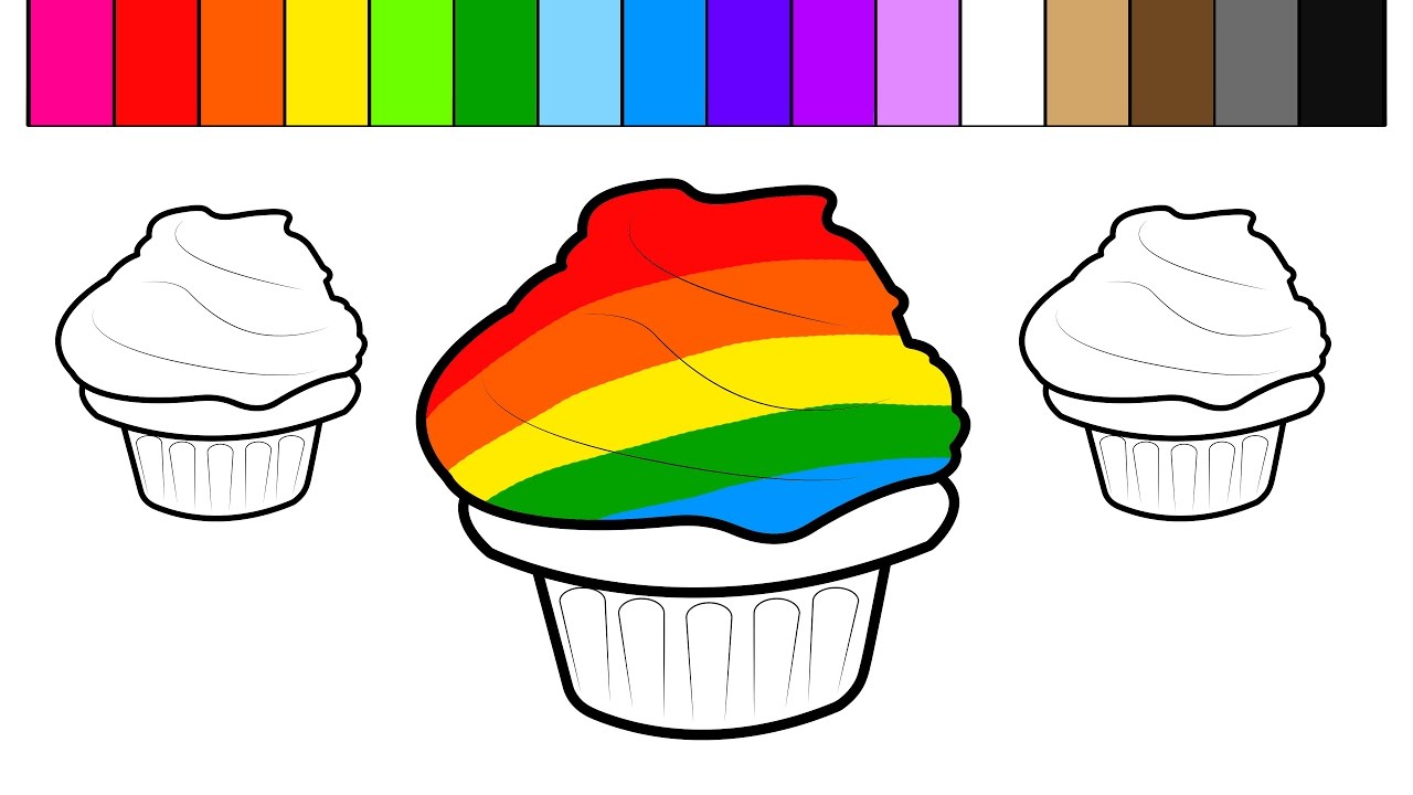 Learn Colors for Kids and Color Rainbow Cup Cake Coloring Pages