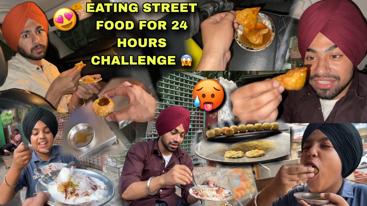 EATING STREET FOOD FOR 24 HOURS😱CHALLENGE WITH FRIENDS😍SPICY FOOD NE BURA HAAL KRTA