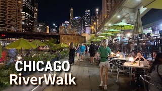 Chicago RiverWalk at Night Summer Walking Tour On Sunday | August 17, 2025 | 4K Video