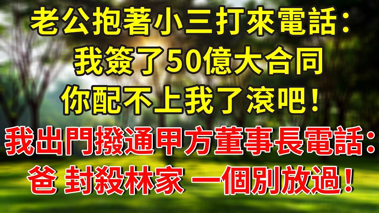 老公抱著小三給我打來電話：我簽了50億大合同，你配不上我了滾吧！淨身出戶後我出門撥通甲方董事長電話：爸，封殺林家，一個別放過！#人生感悟 #故事分享 #故事頻道 #正能量 #情感 #感情 #分享