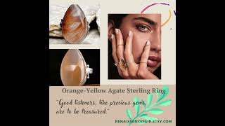 Yellow Orange Agate Sterling Silver Ring, Tear Drop Pear Shape, Large Gemstone Vintage Sz 8.5
