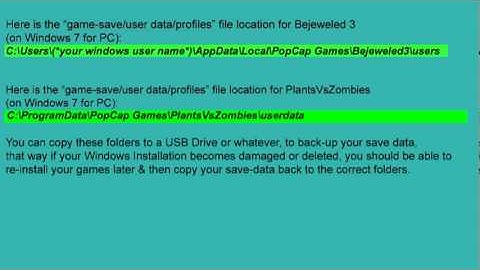 "Plants Vs Zombies" & "Bejeweled 3" game saves profiles user data location in Windows7