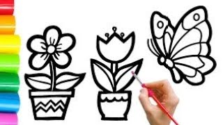 Beautiful flowers  & butterfly kids drawing#how draw color for painting#kids art tutorial