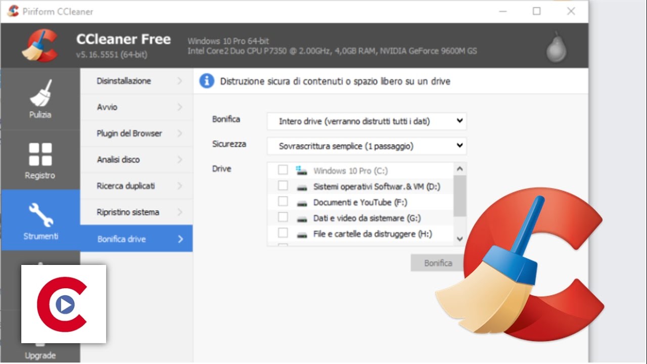 Bonificare una partizione e distruggere al sicuro i dati con CCleaner