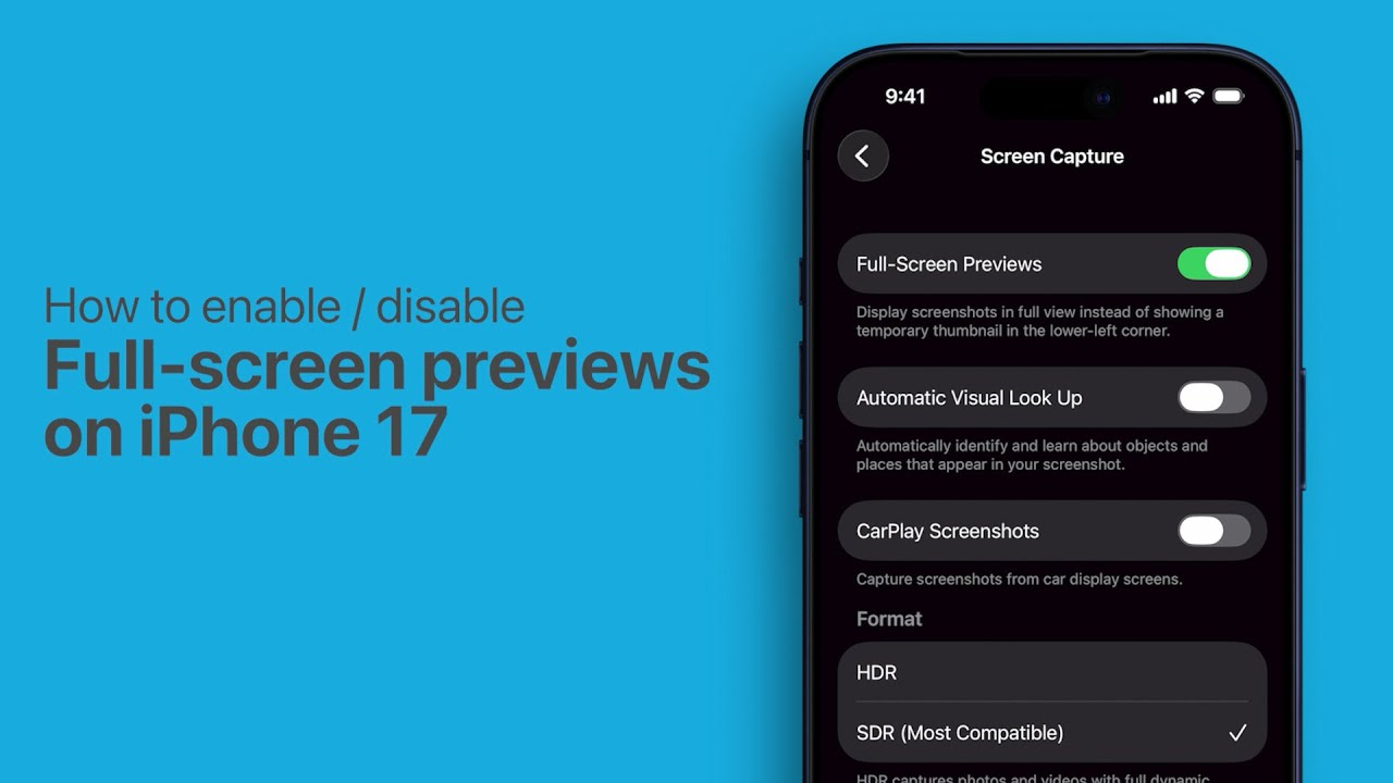 Включение/отключение полноэкранного предварительного просмотра снимков экрана на iPhone 17