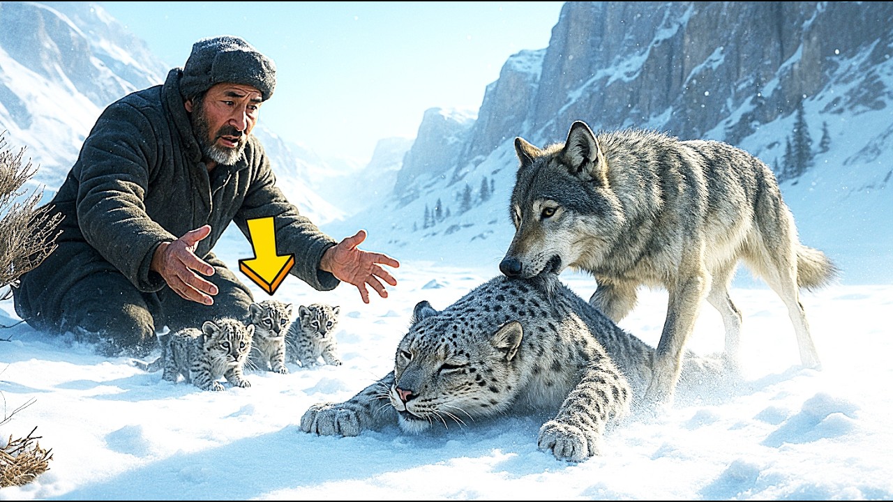 ВОЛЧИЦА СПАСЛА СНЕЖНОГО БАРСА с КОТЯТАМИ... ВОЛК НЕ БОИТСЯ ЧЕЛОВЕКА...