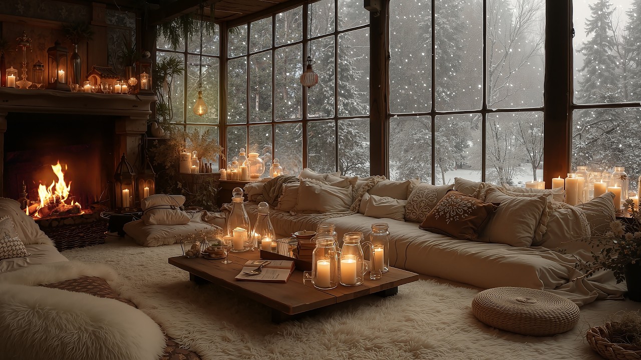 Peaceful Cozy Snow Cabin Ambience ️ Soft Piano, Falling Snow ...