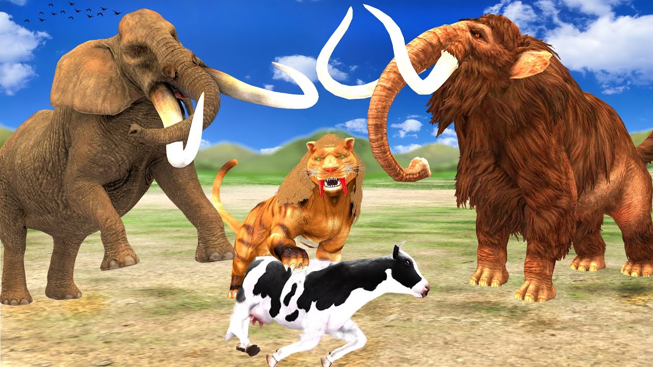 Zombie Mammoth Vs Elephant Save Cow Cartoon  from Saber Tooth Tiger Attack Bull Animal Epic Battle