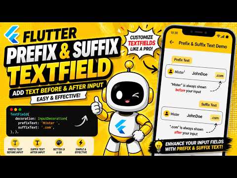FLUTTER ANDROID -  TEXT FIELD PREFIX & SUFFIX TEXT || LIKE MR., $, .COM ||TUTORIAL