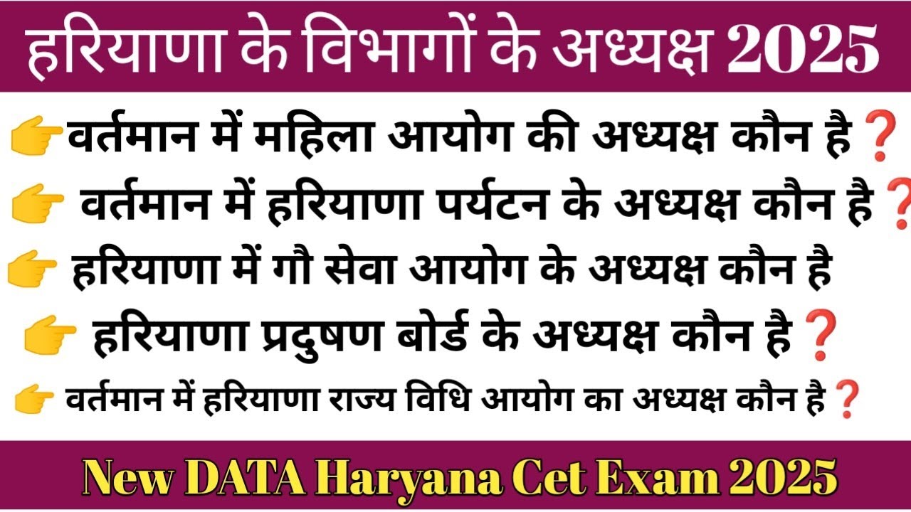हरियाणा के विभागों के अध्यक्ष 2025 | Haryana Cet Exam Date 2025 | # Haryana Gk #dainikstudypoint