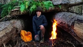 7-Year-Old Boy Builds a Mini Survival Shelter and Cooks Bacon and Cheese over a Campfire!