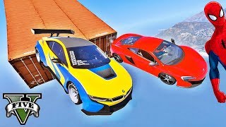 Super CARROS com Homem Aranha e Heróis Desafio de Saltos na Mega Rampa GTA V Mods - IR GAMES