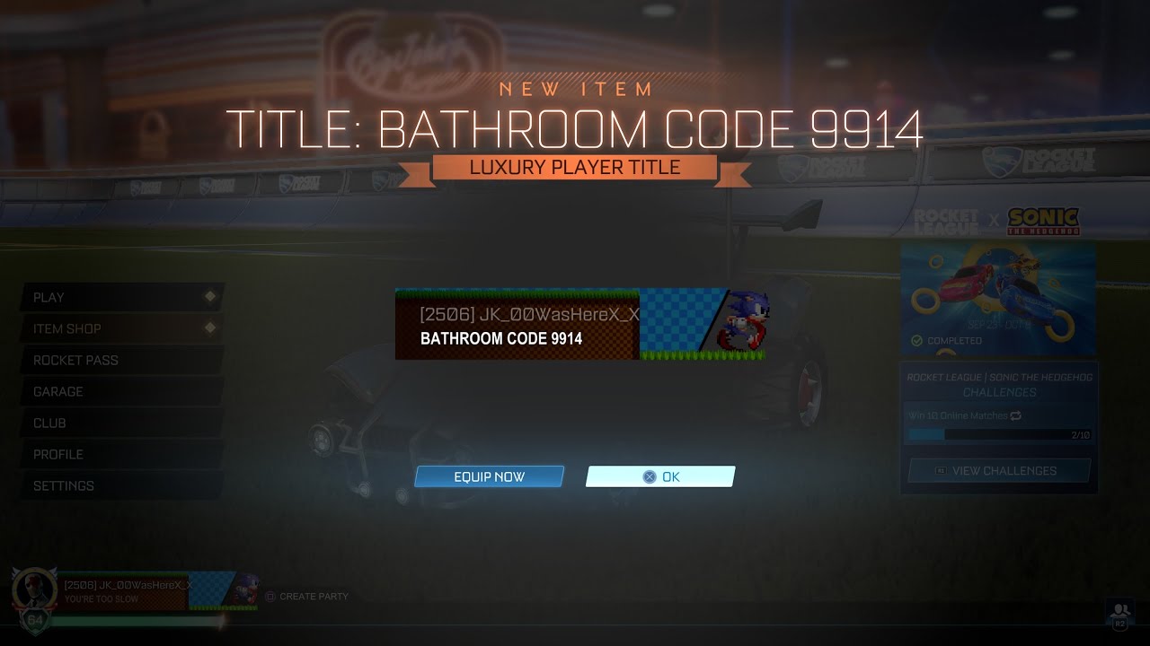 Rocket League Secret Title: Bathroom Code 9914 - YouTube