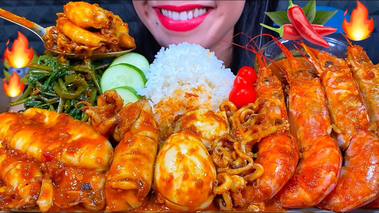 ASMR SPICY SQUID, SPICY PRAWN, SPICY EGG, WATER SPINACH, RICE MASSIVE Eating Sounds