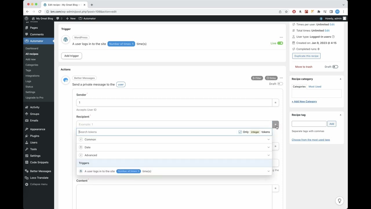 Better Messages - Uncanny Automator Send Message