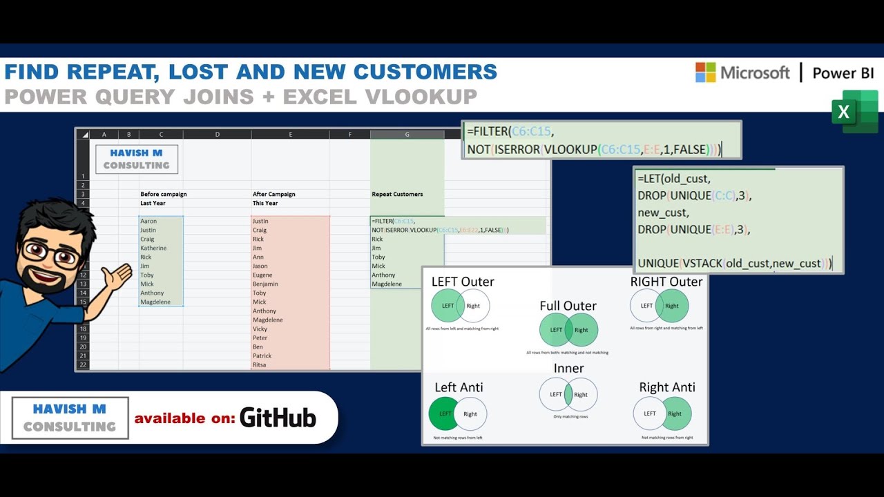 All, New, Lost, Repeat Customers using VLOOKUP and Joins
