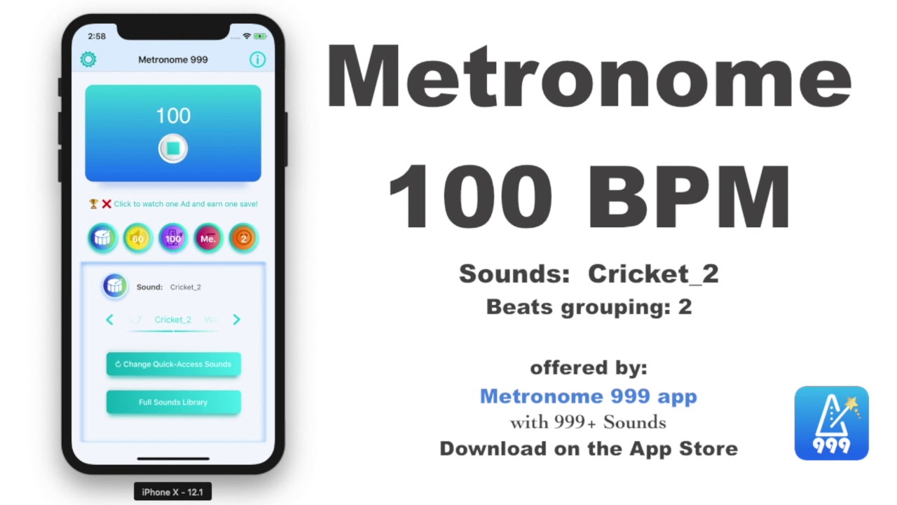 Metronome, 100 BPM, Cricket , Metronome 999 app YouTube