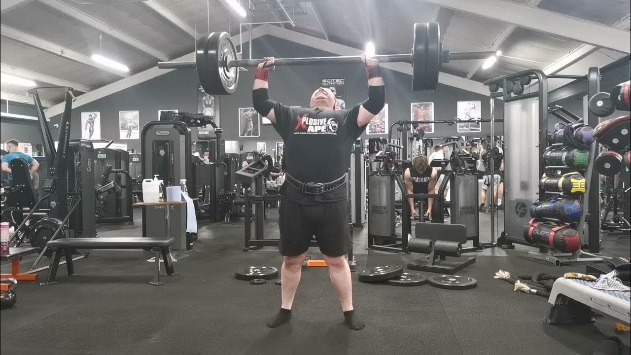 Strongman axle bar clean and push press 125kg/275lb x 3 reps. Floor