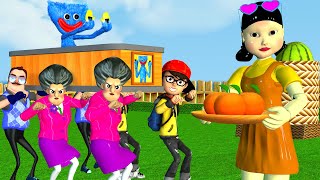 Scary Teacher 3D Miss T vs 2 Neighbor Troll Huggy Wuggy In Fruit Garden Squid Game with Coffin Dance