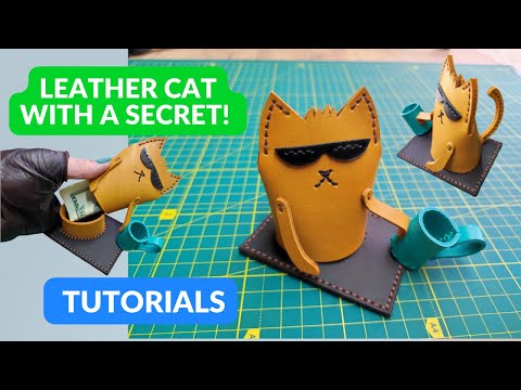Pattern leather cat. DIY leather stash box. Comical leather cat