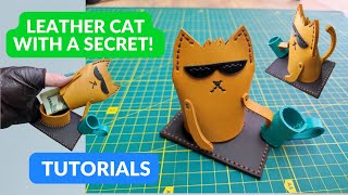 Pattern Leather Cat. Diy Leather Stash Box. Comical Leather Cat