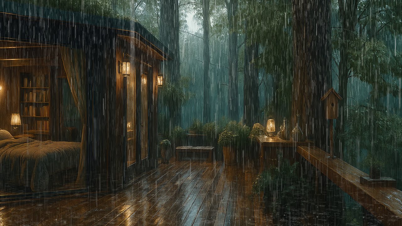 Rain Falling Around a Wooden Cabin 🌧 | Peaceful Forest Ambience for ...