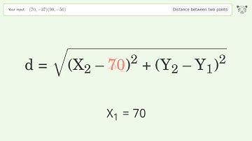 Find the distance between two points p1 (70,-37) and p2 (90,-56): Step-by-Step Video Solution