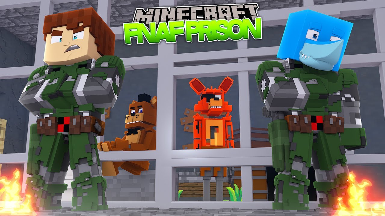 Minecraft FNAF PRISON - FREDDY AND THE GANG ATTACK | Sharky and Scuba Steve