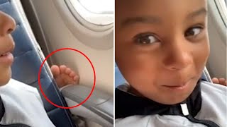 Kid's FUNNY reaction to woman's feet on his plane seat