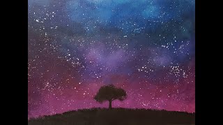 Easy Colorful Starry Night/Tree Silhouette Acrylic Painting Tutorial