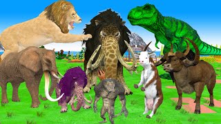 Giant Lion vs Monster Cow Mammoth Fight Dinosaur Attack Cow Cartoon Bull Baby Elephant Rescue
