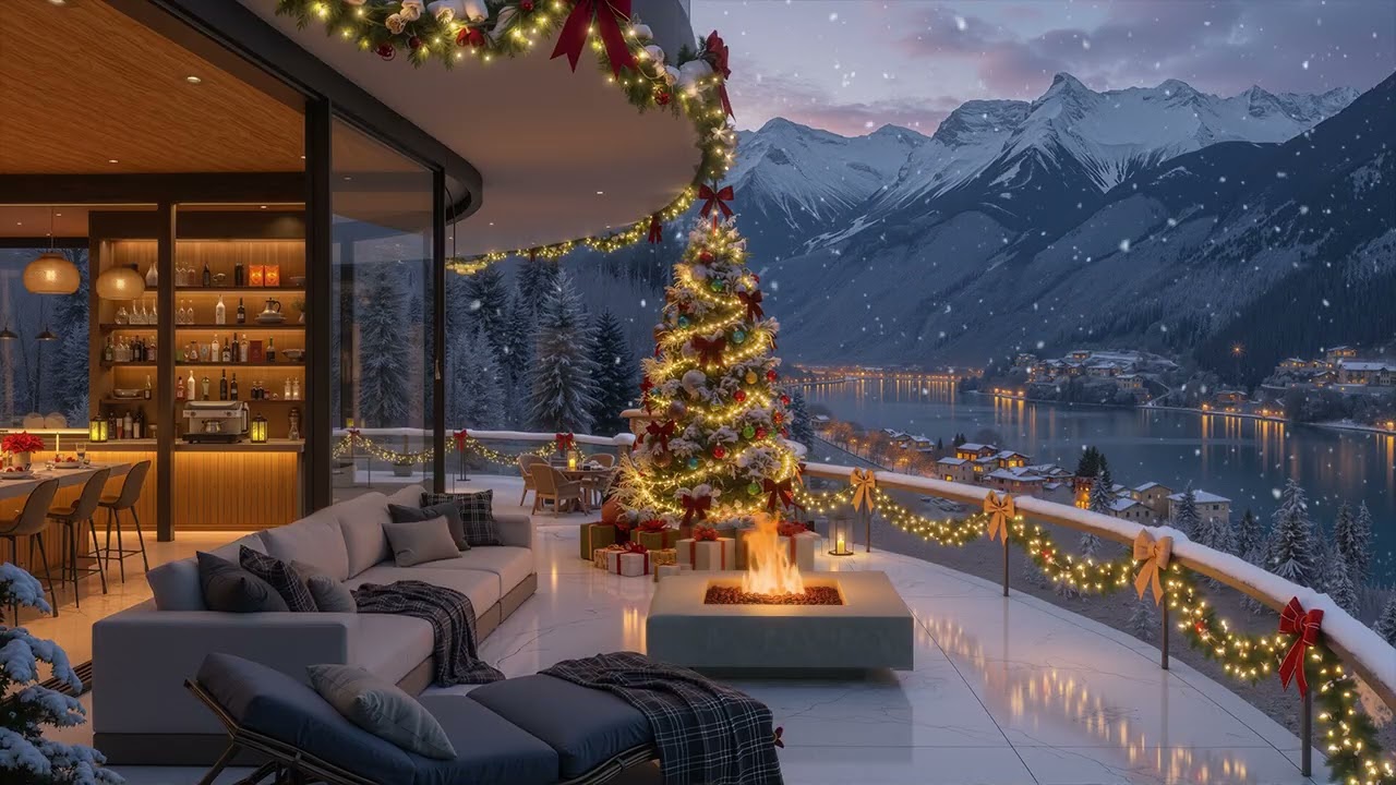 Relaxing Christmas Jazz Night on a Snowy Coffee Terrace🎄Cozy Fireplace for Peaceful Festive Evenings