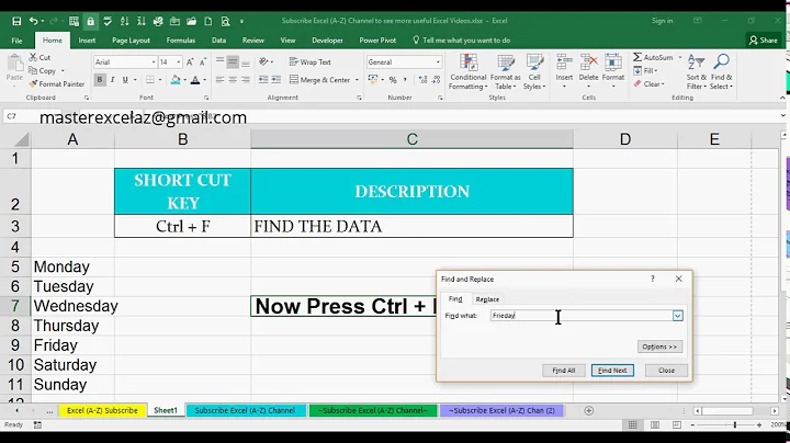 Ctrl + F Shortcut Key with Example in MS Excel Spreadsheet 2016