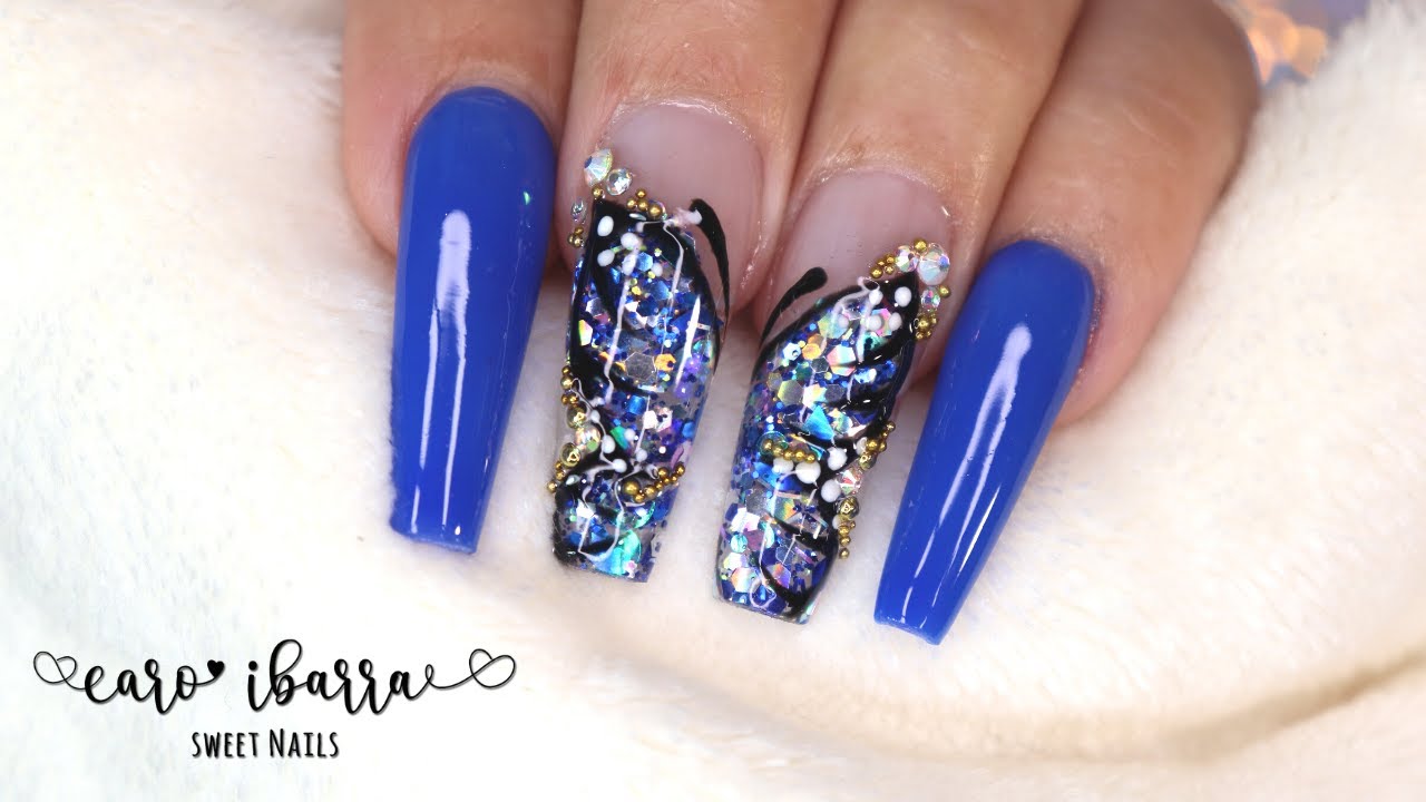 UÑAS COLOR AZUL REY con 🦋 | Uñas COFFIN Esculturales - thptnganamst.edu.vn