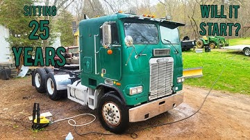 Sitting 25 years! Will it start? Freightliner cabover Big cam Cummins"Jolly Green Giant"