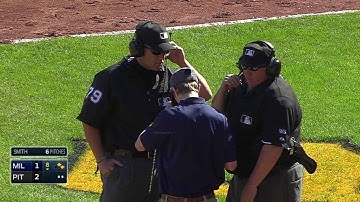 MIL@PIT: Brewers challenge call at first in the 8th