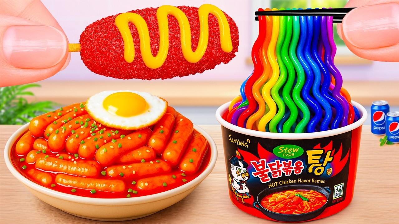 Top Korean Street Foods 🍜Tasty Tiny Spicy Rainbow Ramen, Tteokbokki & Hotdog 🔥ASMR Yummy Mini Foods