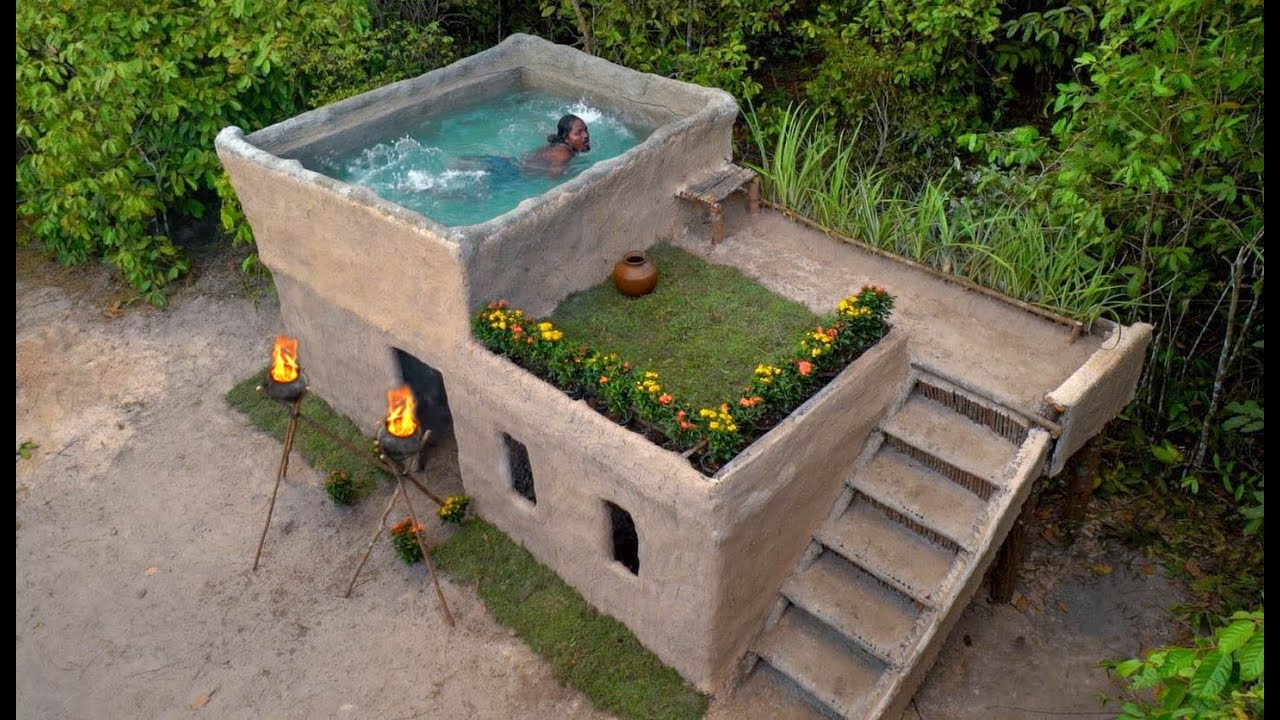 Building Most Beautiful Modern Mud Villa Houses with Swimming Pool on The Rooftop