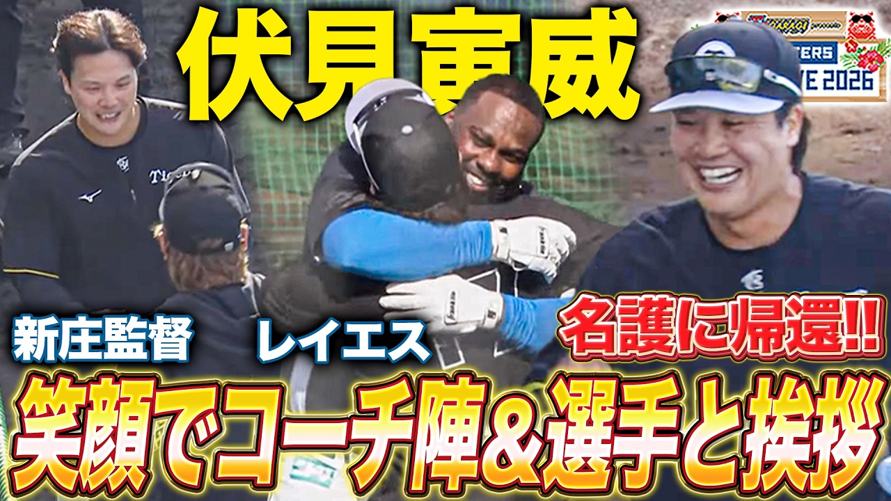 【トレード阪神入り】伏見寅威が名護に帰還‼️レイエスと熱いハグ＆新庄監督にも挨拶＜2/23ファイターズ春季キャンプ2026＞