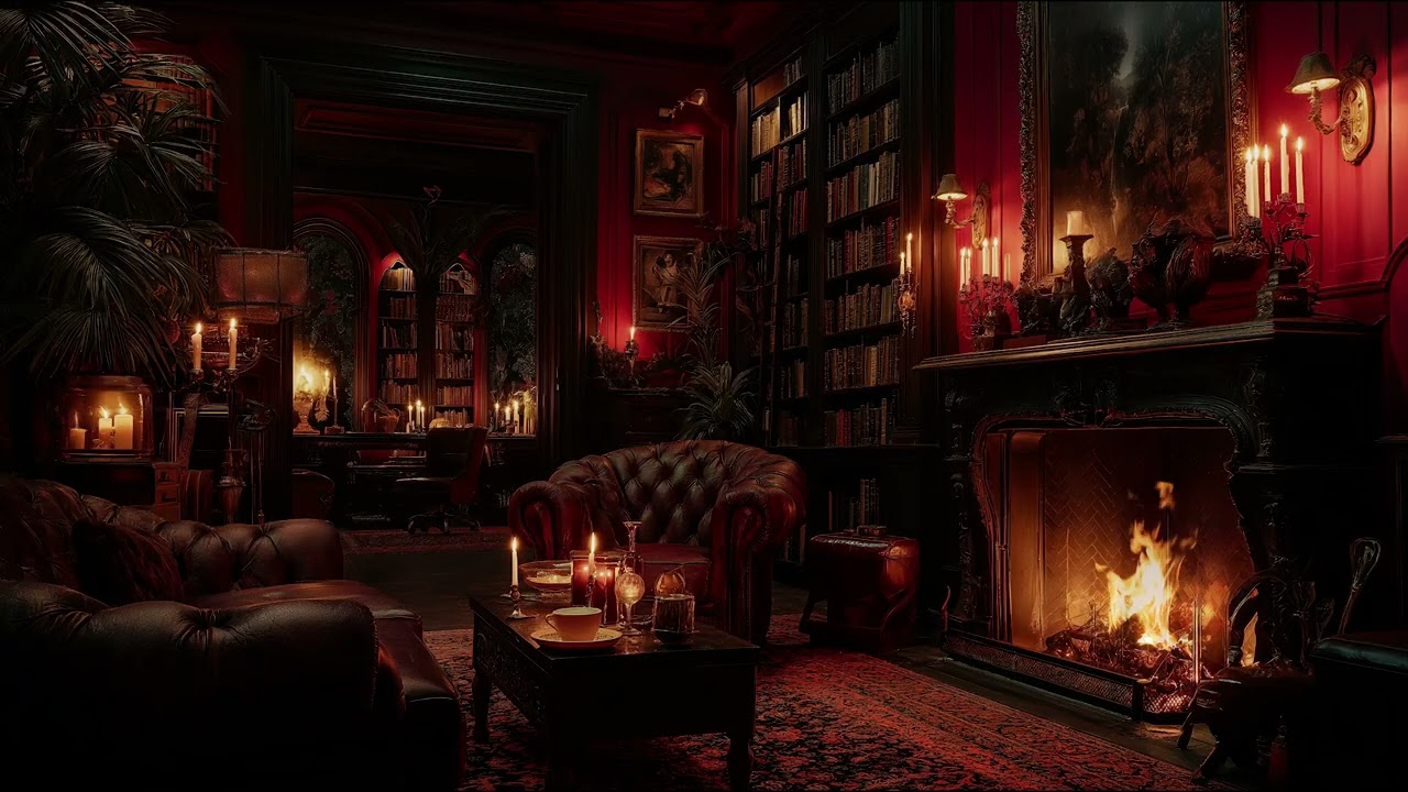 Cozy Old Library with Warm Fireplace and Fire Crackles for Peaceful Study, Reading, and Sleep