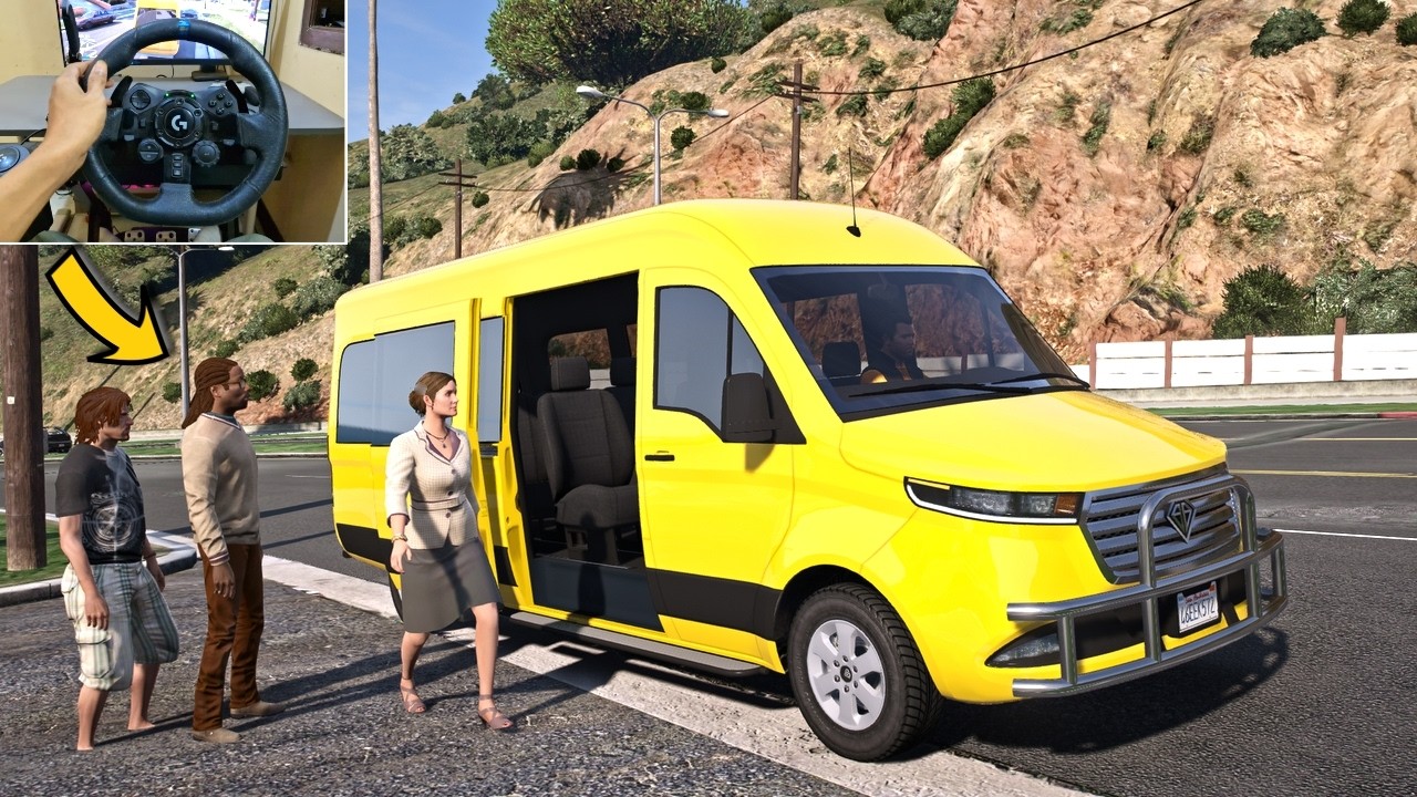 GTA 5 Lets Go To Work as Minibus Uber Taxi Driver - Steering Wheel Gameplay