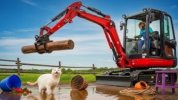 Monkey Farmer Saves Cat Stuck Under Heavy Wood With Excavator | NiNi Monkey Tales
