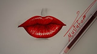 رسم الشفاه بالقلم الجاف الاحمر (الحبر) How to draw lips