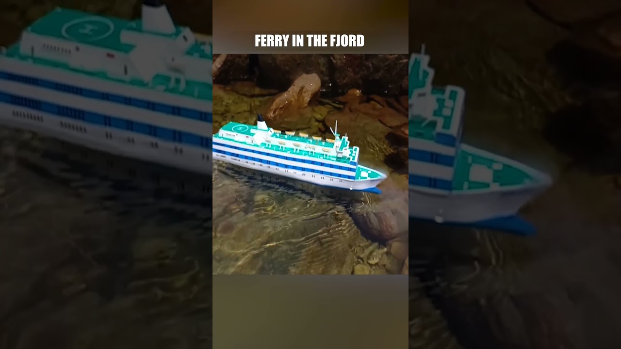 Model ferry ship Estonia moves in the fjord, DIY cardboard ship in action 