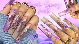 PURPLE CATEYE SPRING NAIL DESIGN 💜🌸🦋/ ENCAPSULATED ACRYLIC NAILS 