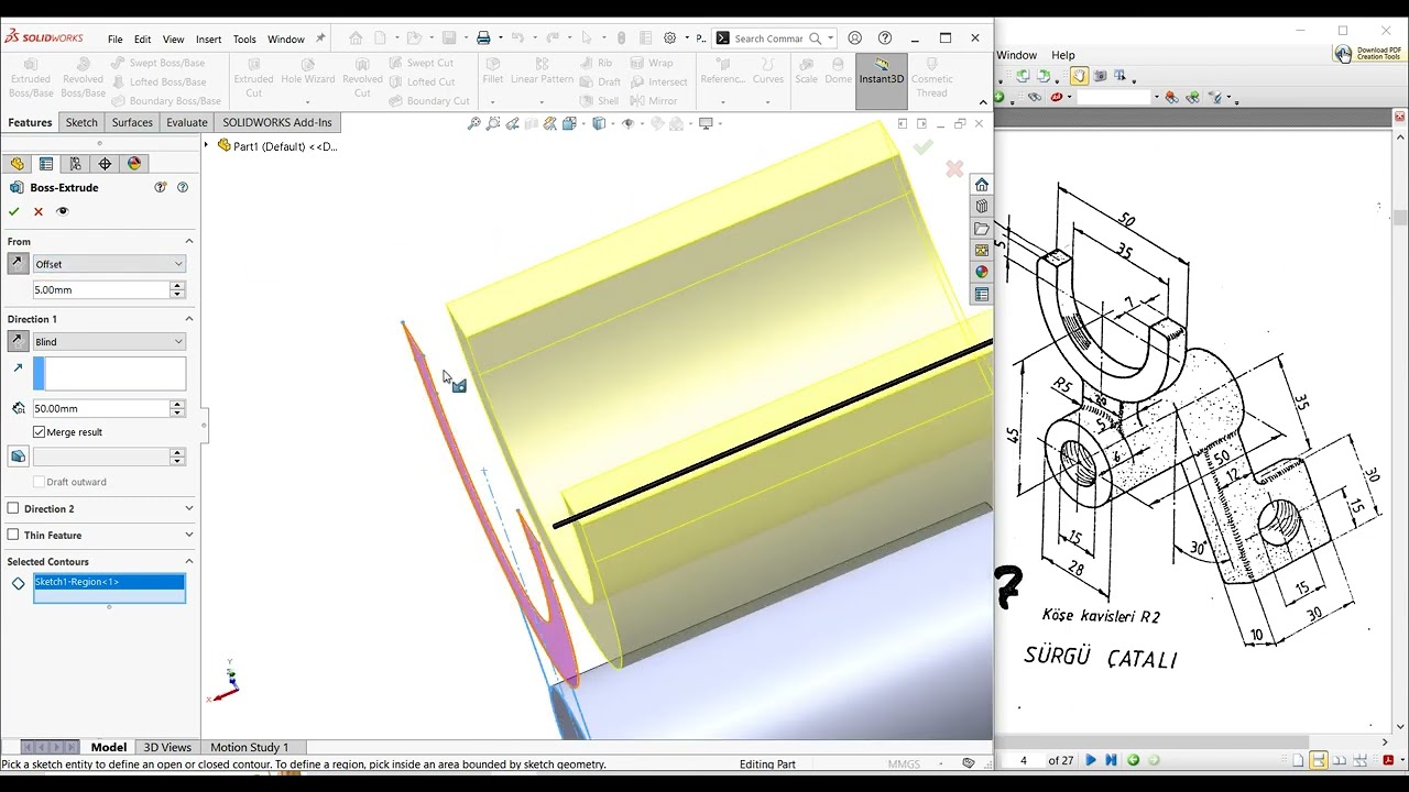 Sürgü Çatalı Parçası Solidworks Çizimi
