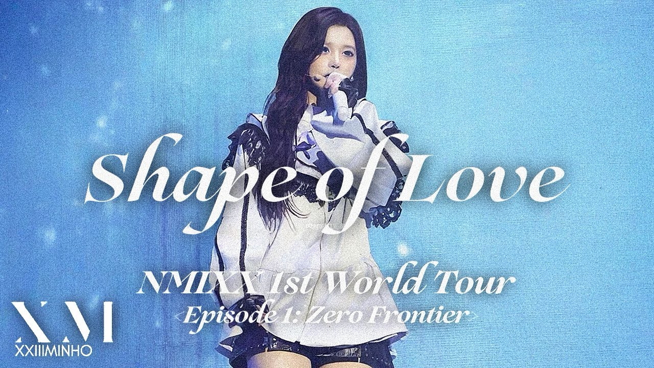 NMIXX members performing 'Shape of Love' in a studio setting with neon lighting.